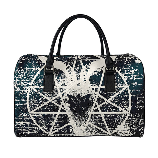 Satan Goat Skull Symbol Print Leather Duffle Bag