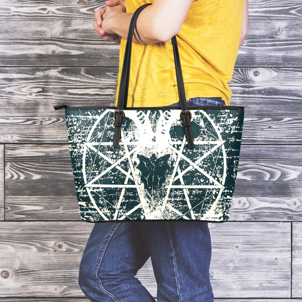 Satan Goat Skull Symbol Print Leather Tote Bag