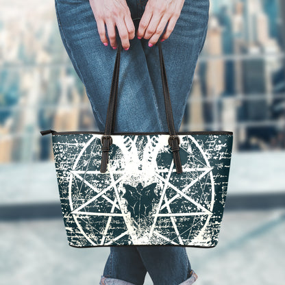 Satan Goat Skull Symbol Print Leather Tote Bag