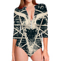 Satan Goat Skull Symbol Print Long Sleeve Swimsuit