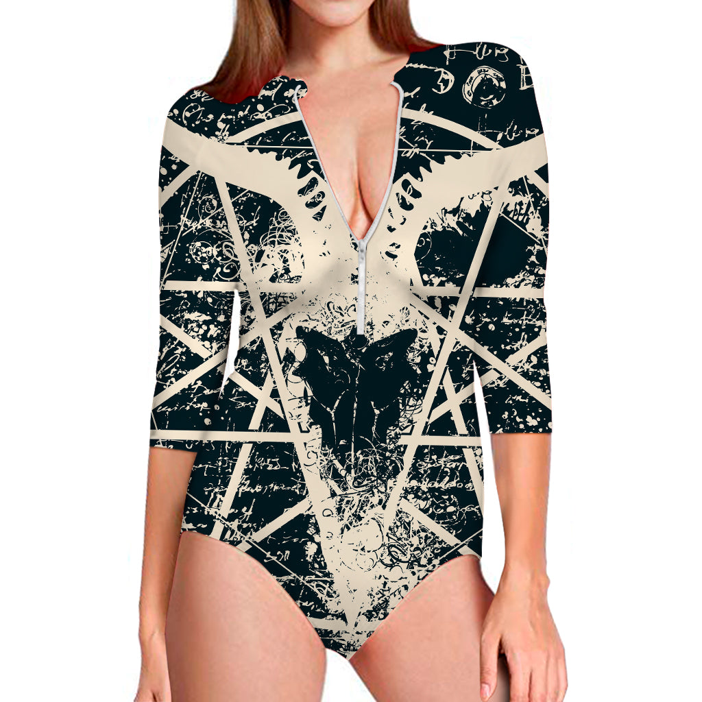 Satan Goat Skull Symbol Print Long Sleeve Swimsuit