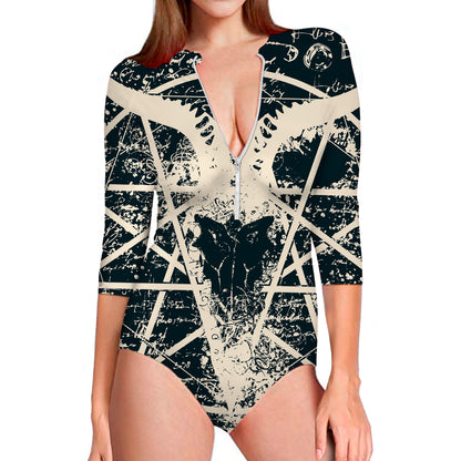 Satan Goat Skull Symbol Print Long Sleeve Swimsuit