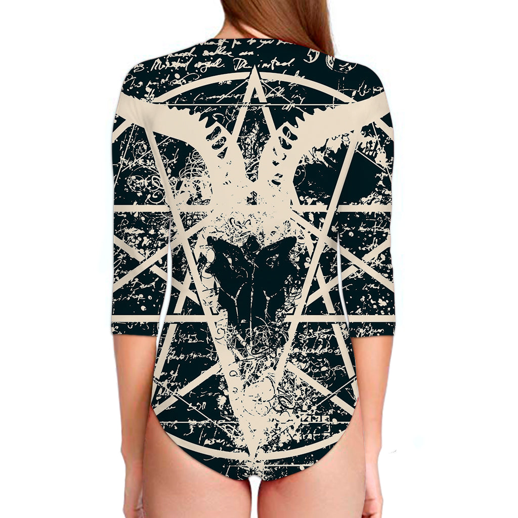 Satan Goat Skull Symbol Print Long Sleeve Swimsuit