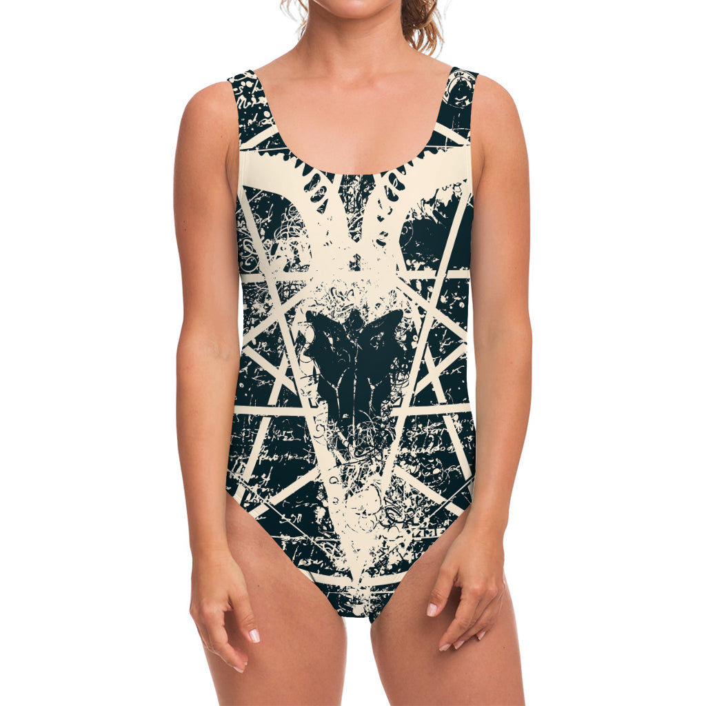 Satan Goat Skull Symbol Print One Piece Swimsuit