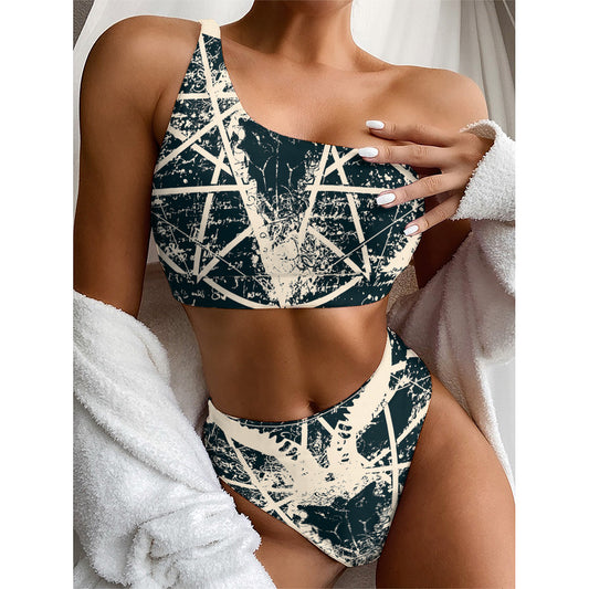 Satan Goat Skull Symbol Print One Shoulder Bikini Top