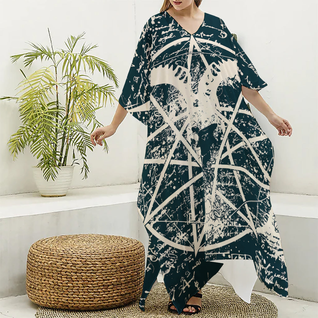 Satan Goat Skull Symbol Print Silk V-Neck Kaftan Dress