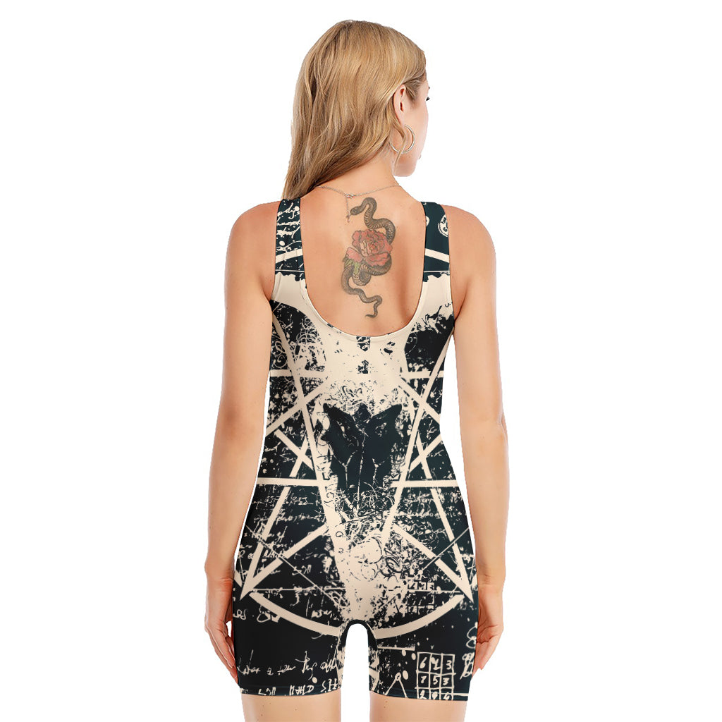 Satan Goat Skull Symbol Print Sleeveless One Piece Swimsuit