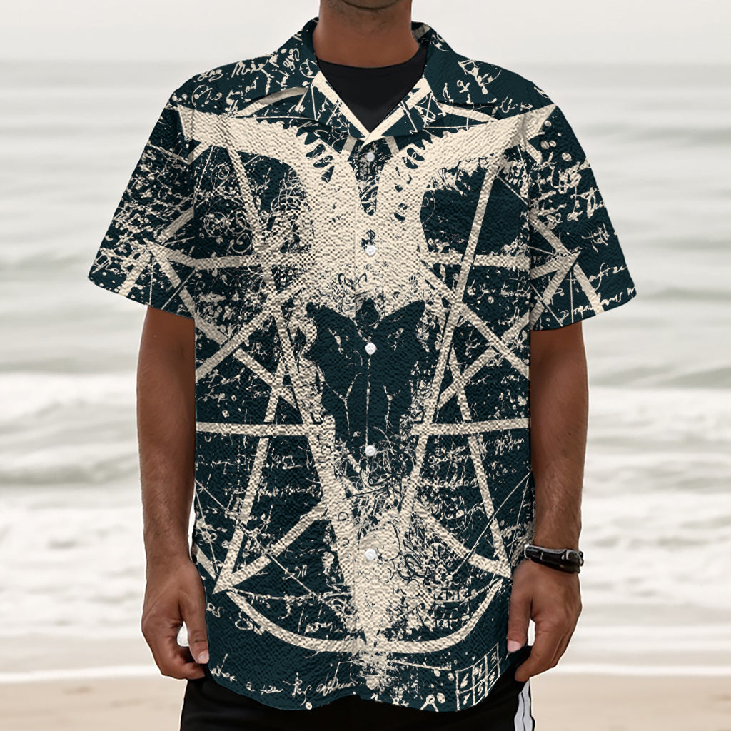 Satan Goat Skull Symbol Print Textured Short Sleeve Shirt