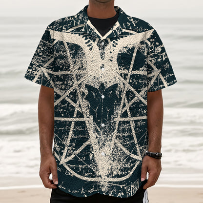 Satan Goat Skull Symbol Print Textured Short Sleeve Shirt