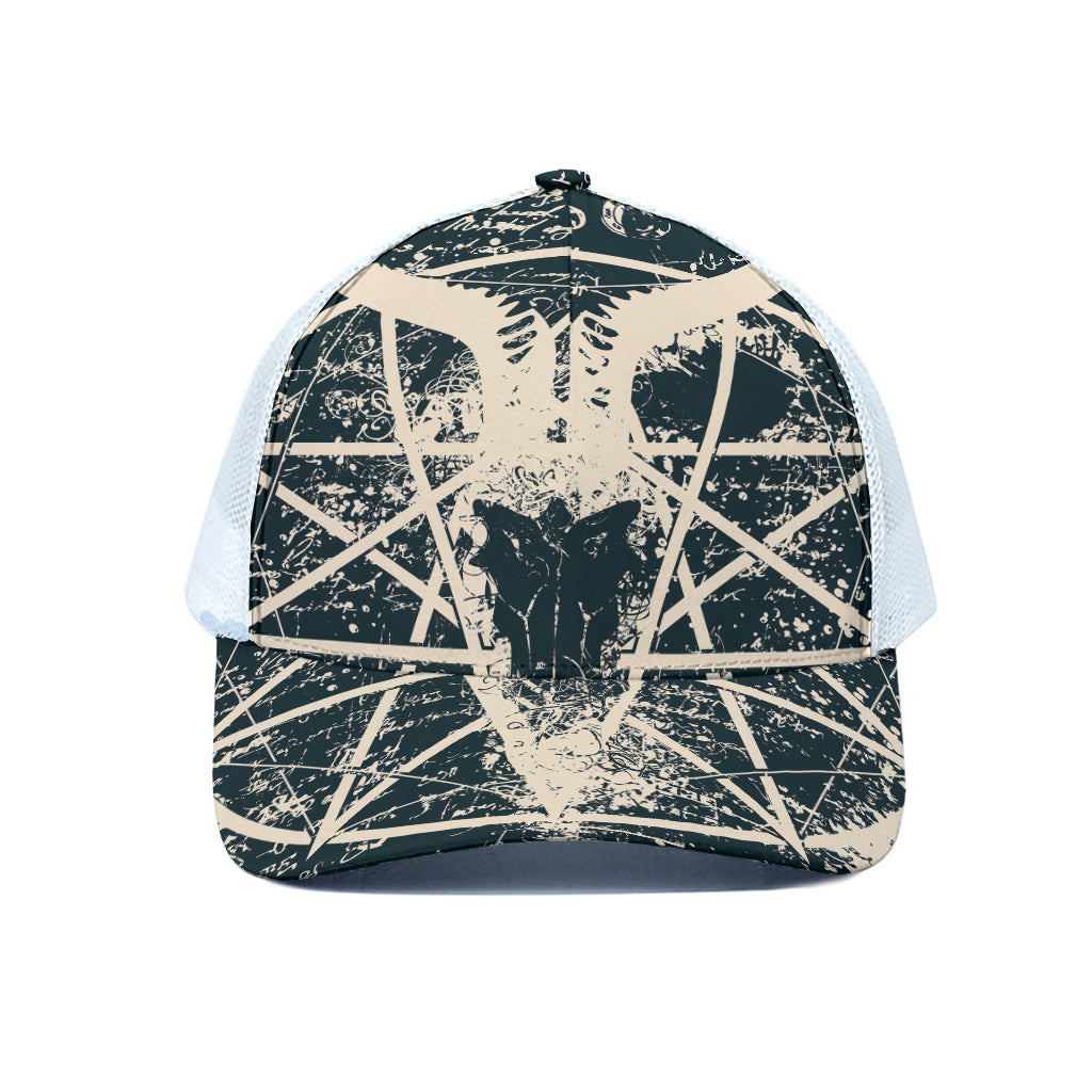 Satan Goat Skull Symbol Print White Mesh Trucker Cap