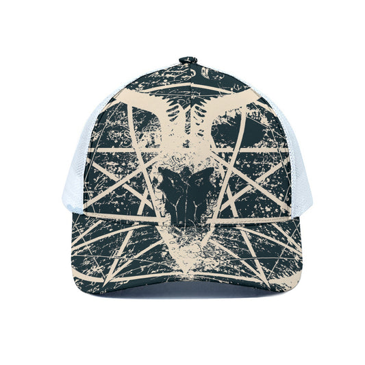 Satan Goat Skull Symbol Print White Mesh Trucker Cap