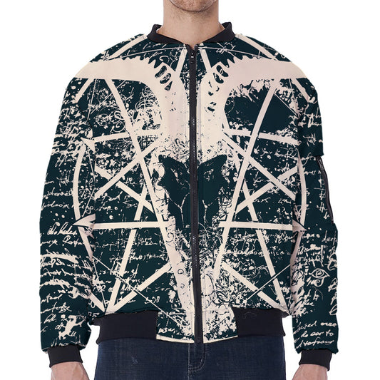 Satan Goat Skull Symbol Print Zip Sleeve Bomber Jacket
