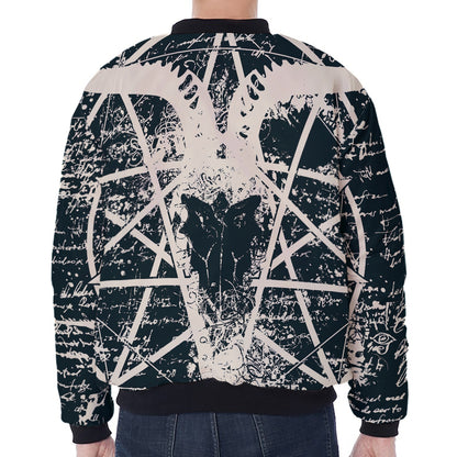 Satan Goat Skull Symbol Print Zip Sleeve Bomber Jacket