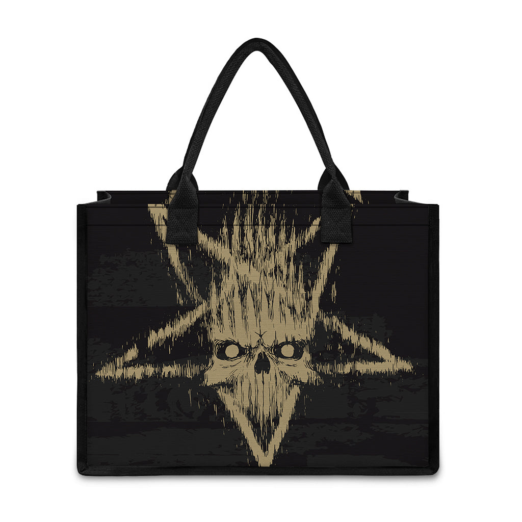 Satanic Pentagram Skull Print Canvas Tote Bag