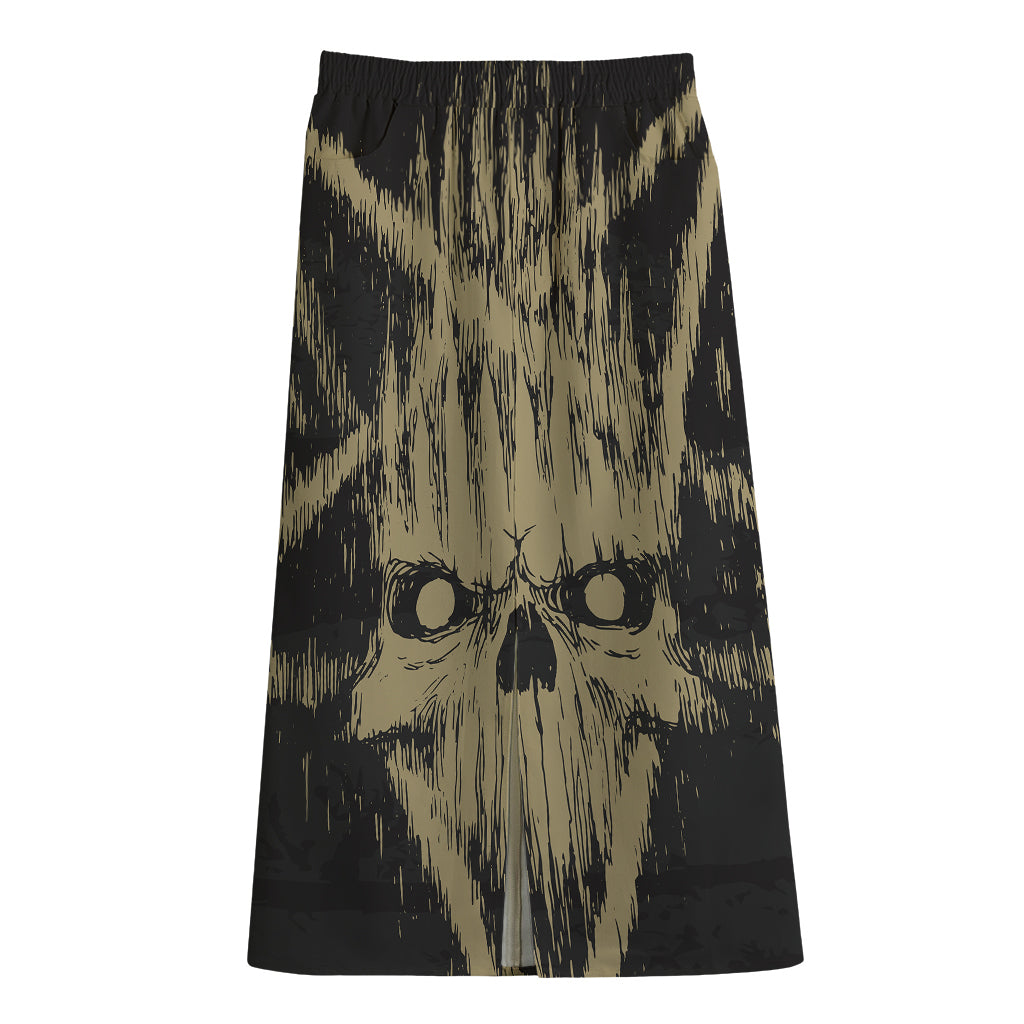 Satanic Pentagram Skull Print Cotton Front Slit Maxi Skirt