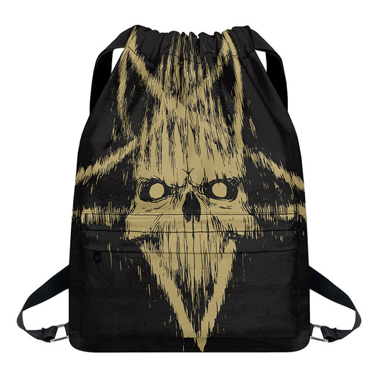 Satanic Pentagram Skull Print Drawstring Backpack