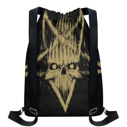 Satanic Pentagram Skull Print Drawstring Backpack