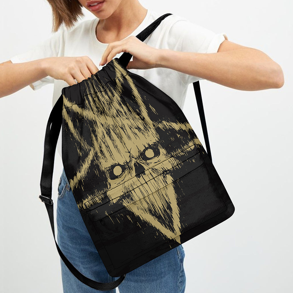 Satanic Pentagram Skull Print Drawstring Backpack