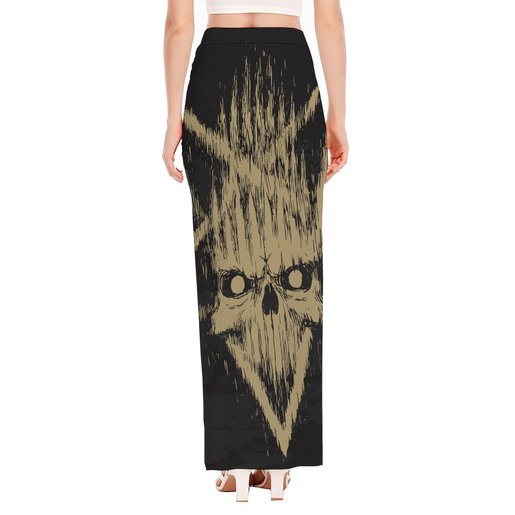 Satanic Pentagram Skull Print High Slit Maxi Skirt