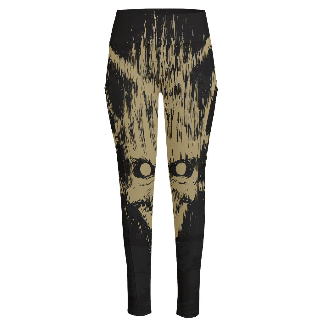 Satanic Pentagram Skull Print High-Waisted Pocket Leggings