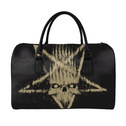 Satanic Pentagram Skull Print Leather Duffle Bag