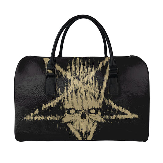 Satanic Pentagram Skull Print Leather Duffle Bag