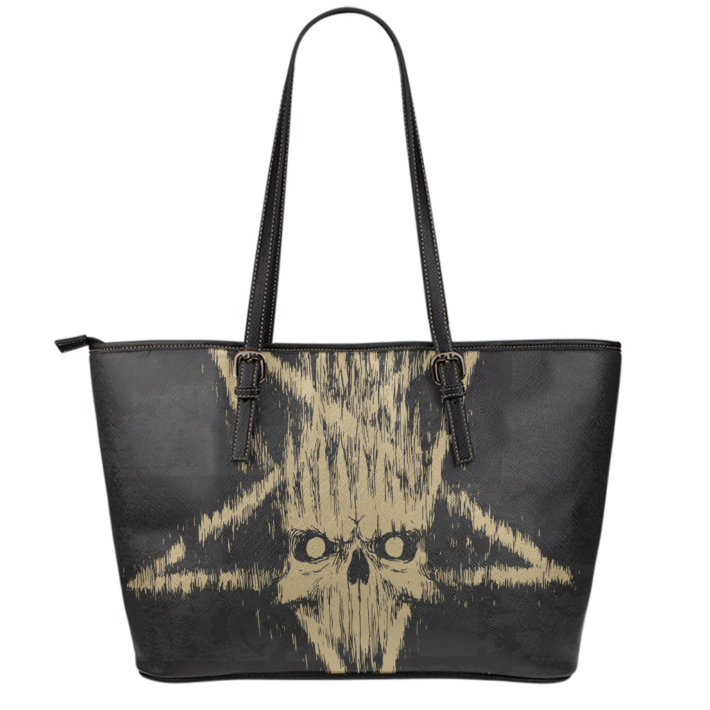 Satanic Pentagram Skull Print Leather Tote Bag