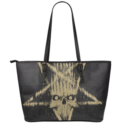 Satanic Pentagram Skull Print Leather Tote Bag