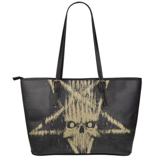 Satanic Pentagram Skull Print Leather Tote Bag