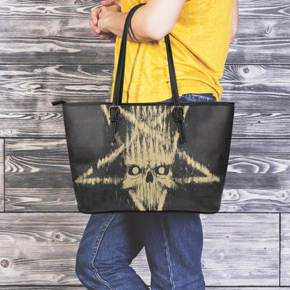 Satanic Pentagram Skull Print Leather Tote Bag
