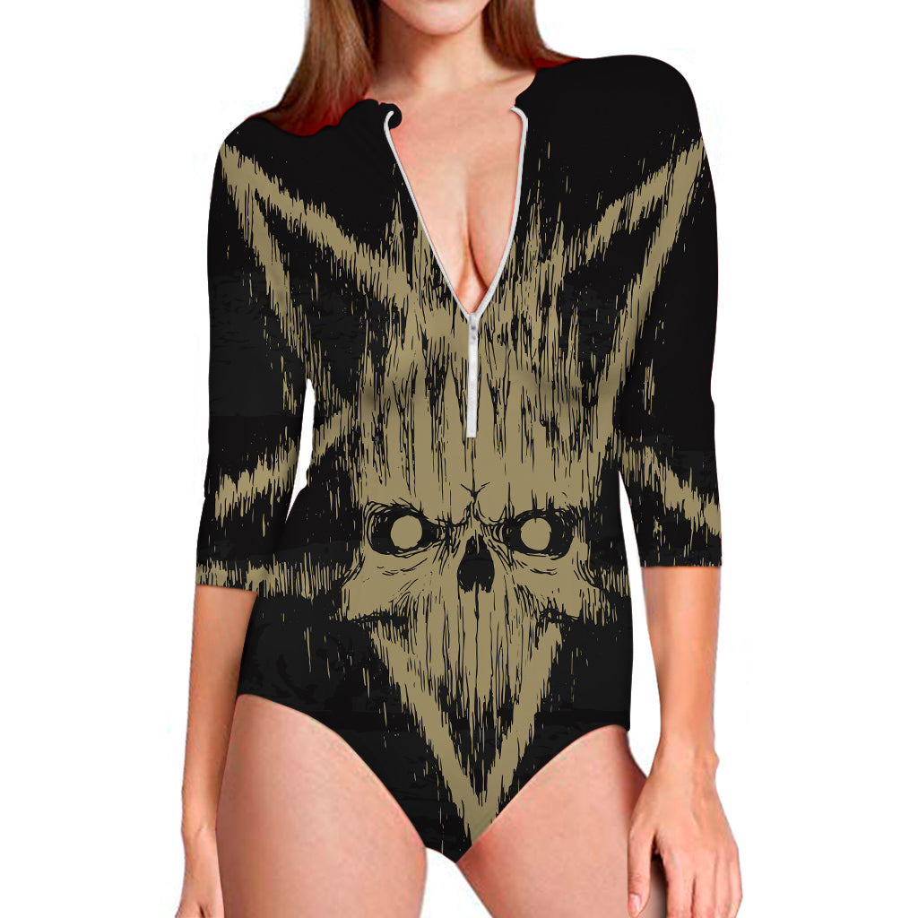Satanic Pentagram Skull Print Long Sleeve Swimsuit