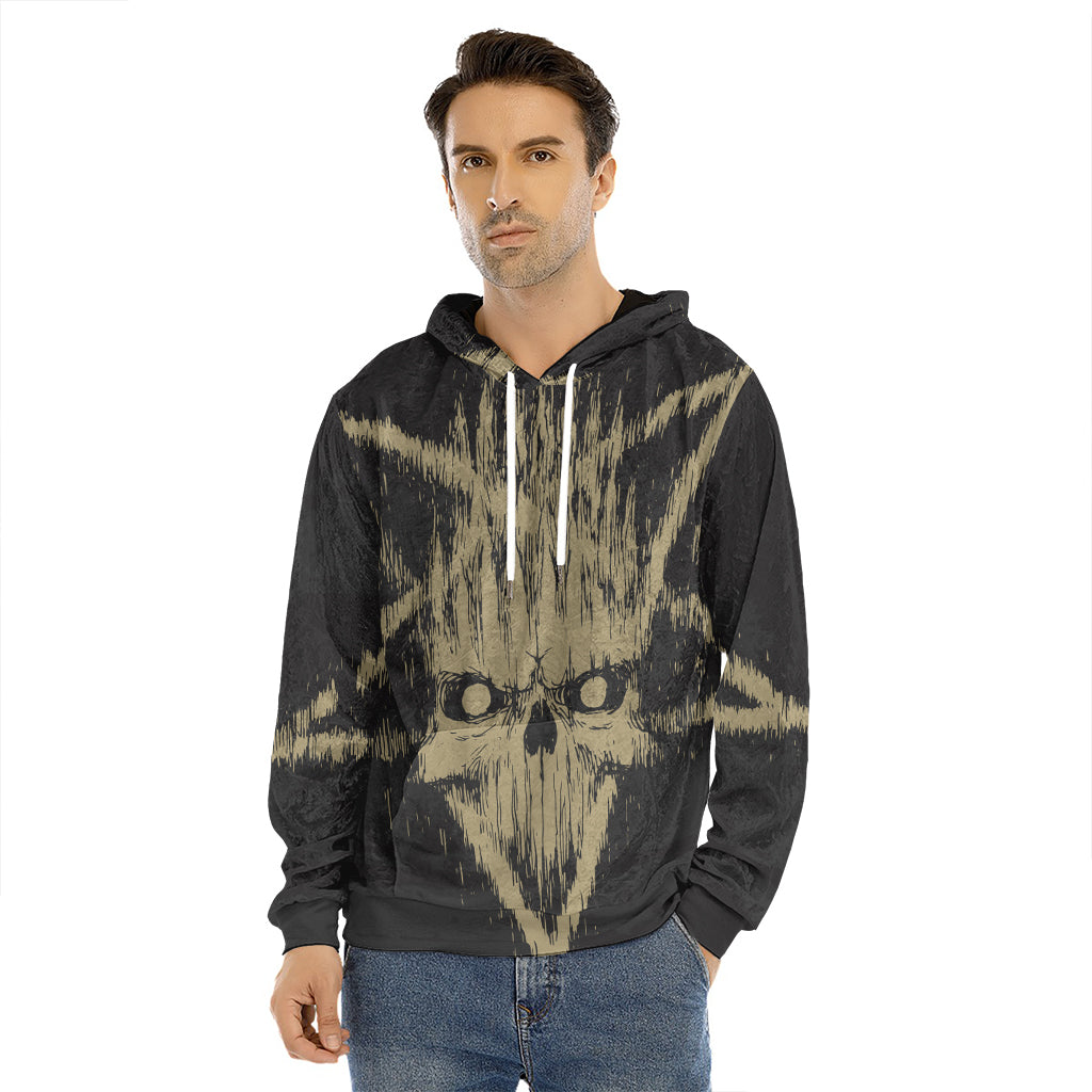 Satanic Pentagram Skull Print Men's Velvet Pullover Hoodie