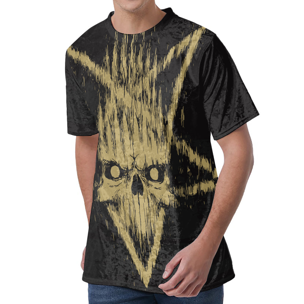 Satanic Pentagram Skull Print Men's Velvet T-Shirt