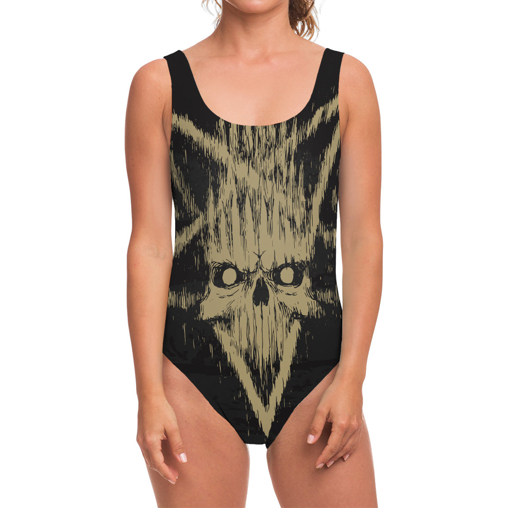 Satanic Pentagram Skull Print One Piece Swimsuit