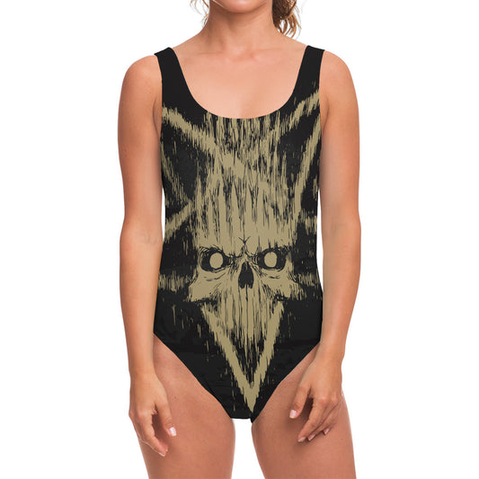 Satanic Pentagram Skull Print One Piece Swimsuit