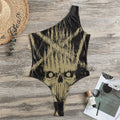 Satanic Pentagram Skull Print One Shoulder Bodysuit