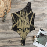 Satanic Pentagram Skull Print One Shoulder Bodysuit