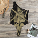 Satanic Pentagram Skull Print One Shoulder Bodysuit