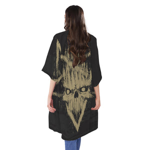 Satanic Pentagram Skull Print Open Front Beach Cover Up