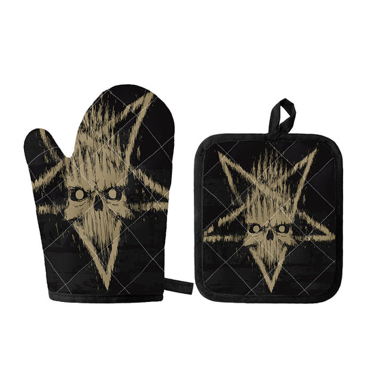 Satanic Pentagram Skull Print Oven Mitt And Pot Holder Set
