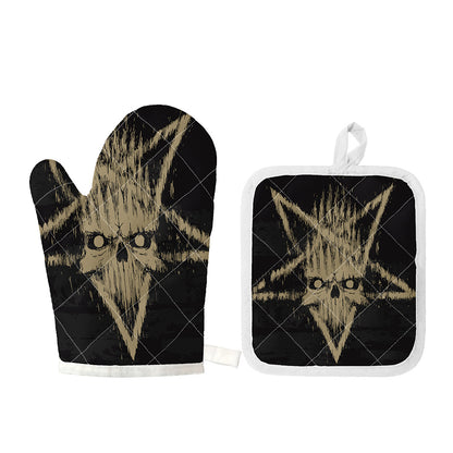 Satanic Pentagram Skull Print Oven Mitt And Pot Holder Set