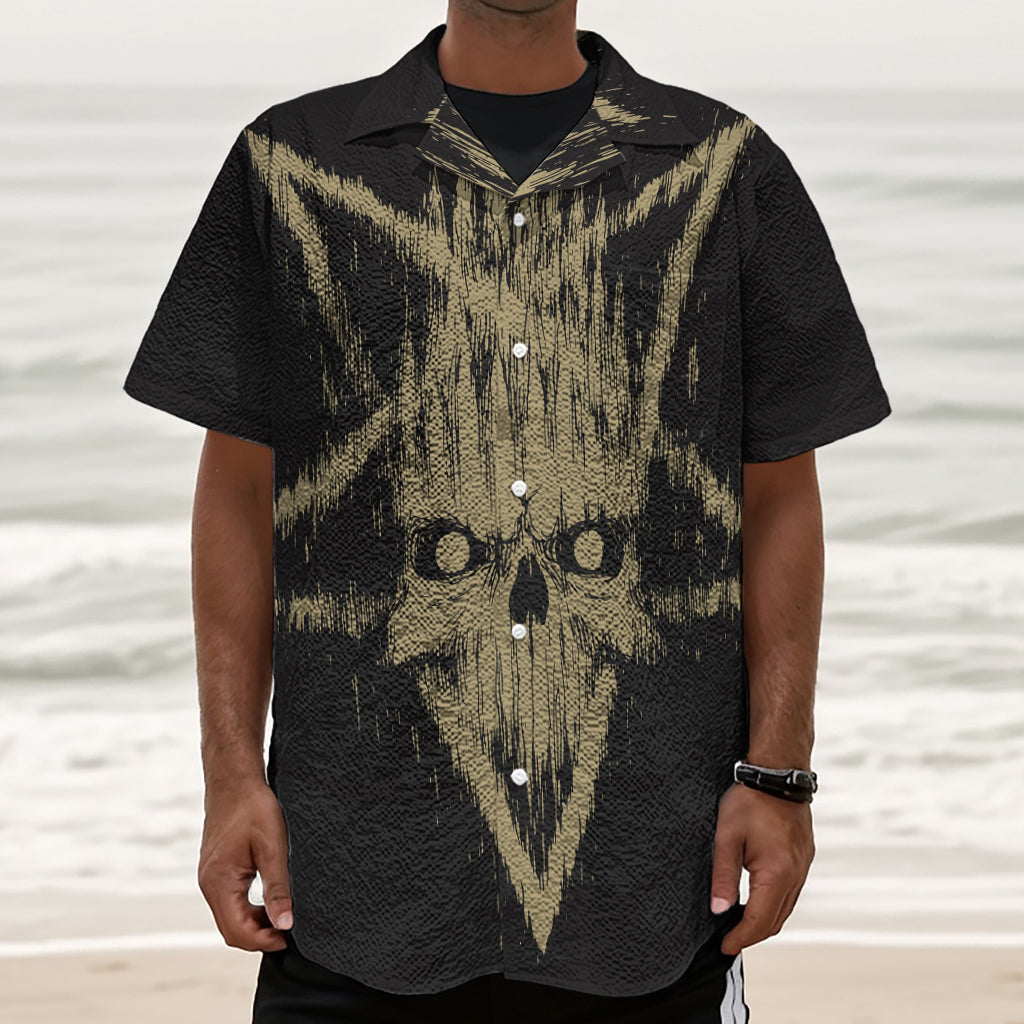 Satanic Pentagram Skull Print Textured Short Sleeve Shirt