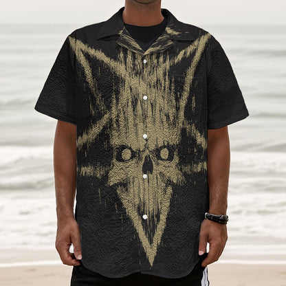 Satanic Pentagram Skull Print Textured Short Sleeve Shirt