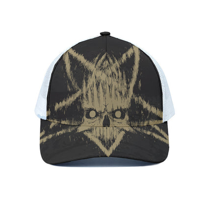 Satanic Pentagram Skull Print White Mesh Trucker Cap
