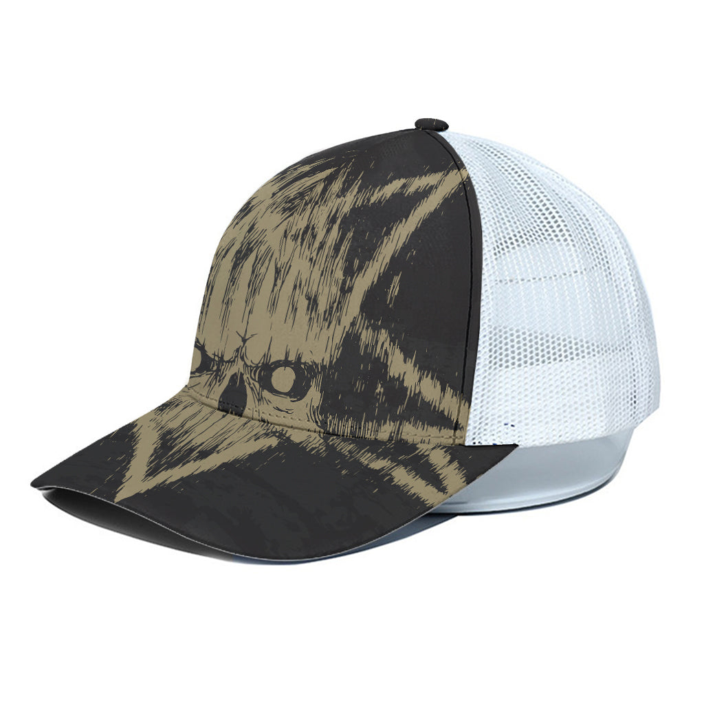 Satanic Pentagram Skull Print White Mesh Trucker Cap