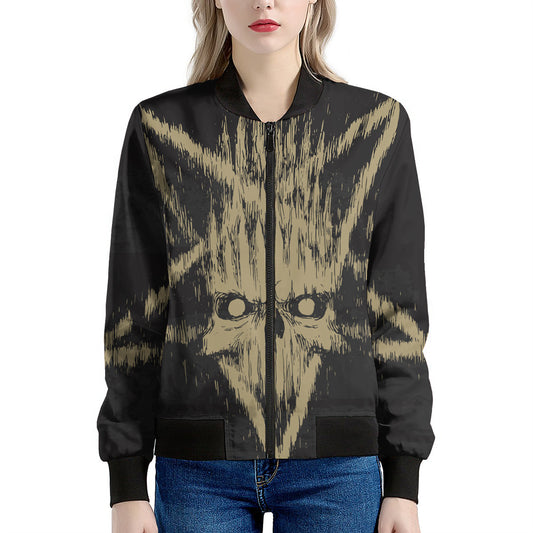 Satanic Pentagram Skull Print Women's Bomber Jacket