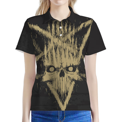 Satanic Pentagram Skull Print Women's Polo Shirt