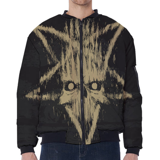 Satanic Pentagram Skull Print Zip Sleeve Bomber Jacket