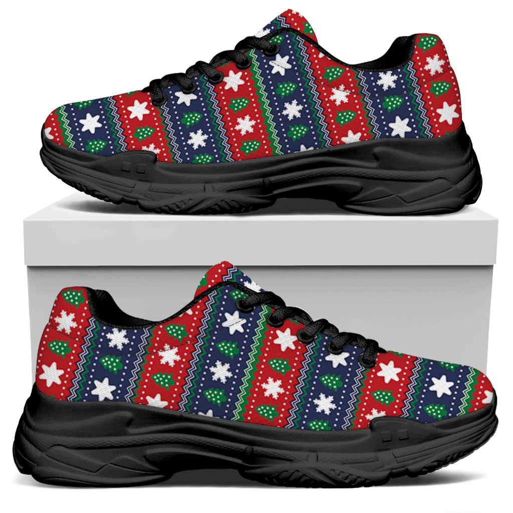 Scandinavian Christmas Pattern Print Black Chunky Shoes