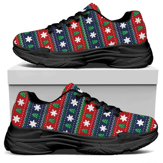Scandinavian Christmas Pattern Print Black Chunky Shoes